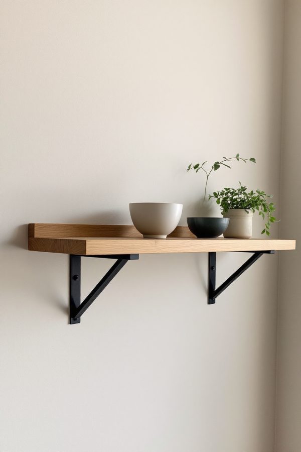 Oak shelf on forged iron brackets